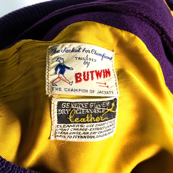 VTG 1960s Butwin Purple Gold Leather & Wool Letterman Jacket 42 - Picture 9 of 16
